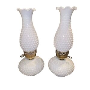 VINTAGE MILK GLASS AND ELECTRIC Pair BOUDOIR LAMPS MILK GLASS‎ HOBNAIL CHIMNEY